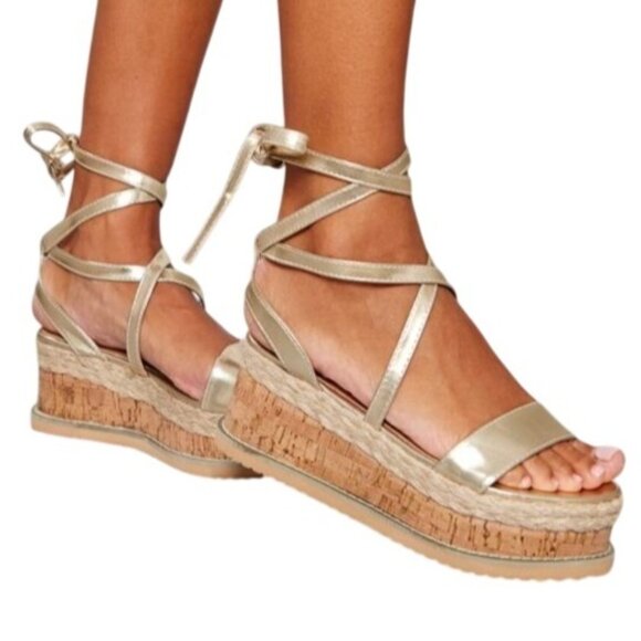 PrettyLittleThing US 6 EU 37 Metallic Gold Platform Wedge Espadrille Sandals - Picture 1 of 6